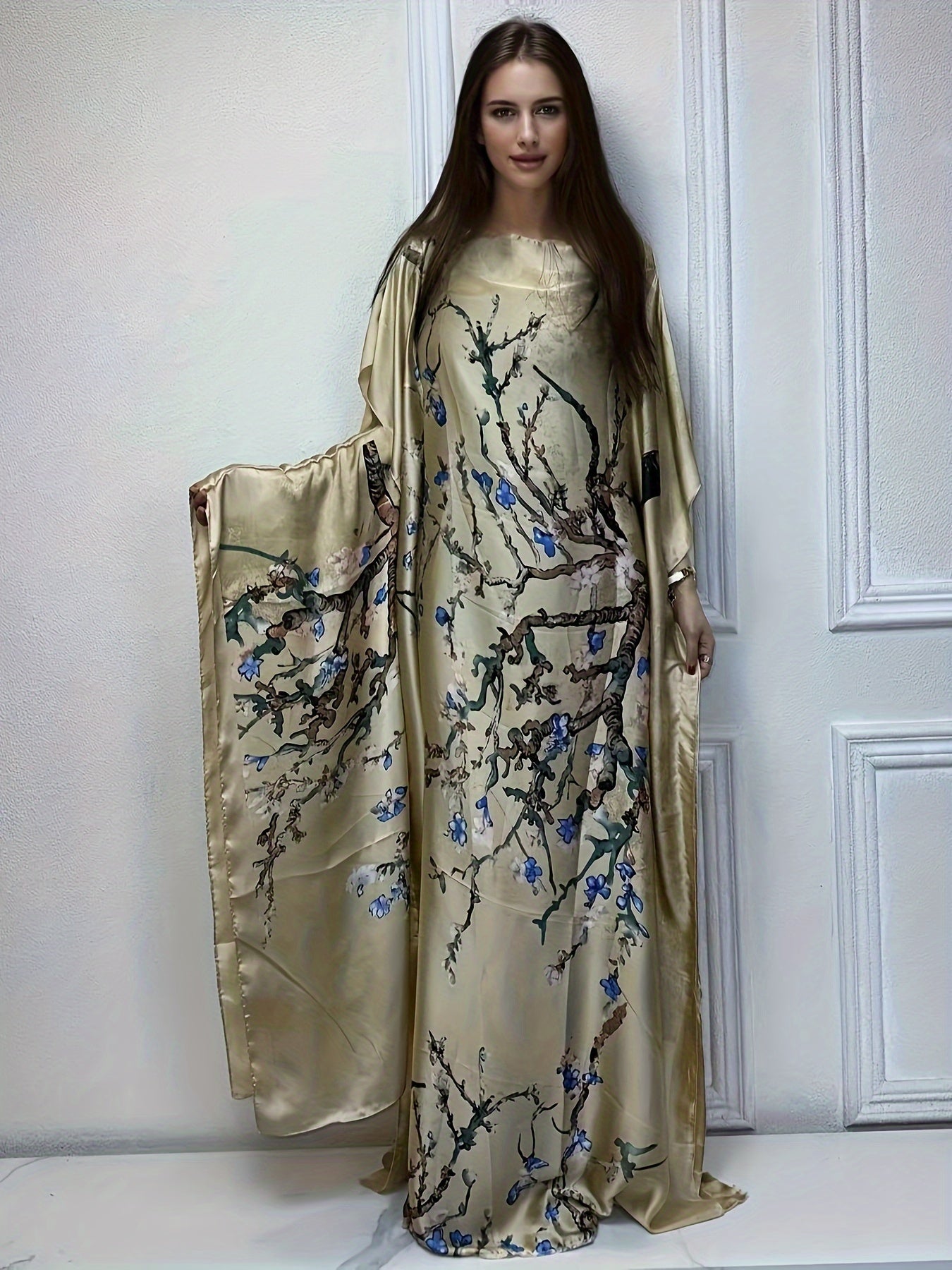 Tree Print Crew Neck Kaftan Abaya, Elegant Batwing Sleeve Loose Fit Maxi Dress With A Hijab, Women's Clothing