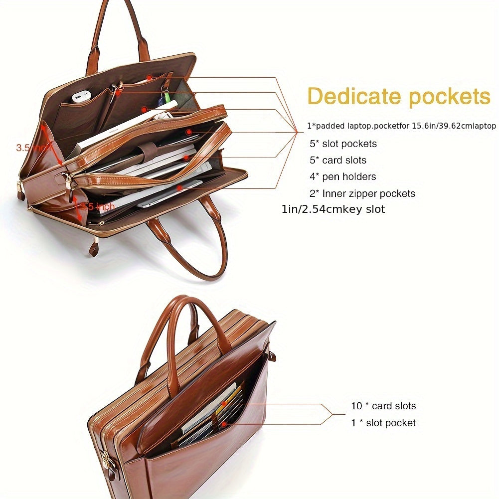 Premium Genuine Leather 15.6" Business Laptop Bag for Women - Light Brown, Adjustable Shoulder Strap