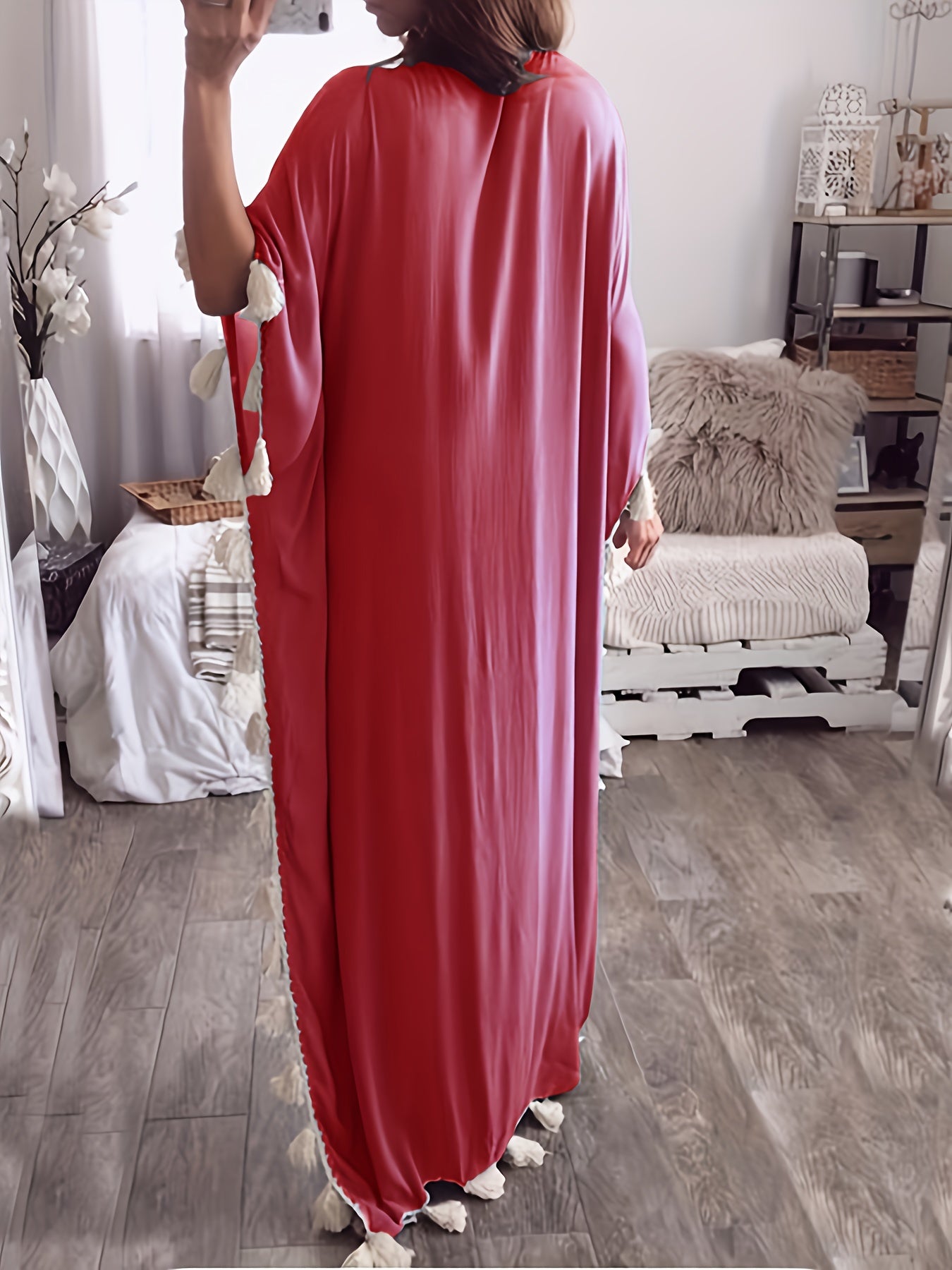 Womens Plus-Size Middle Eastern Kaftan Abaya, V-Neck Tassel Patchwork Gown Dress.