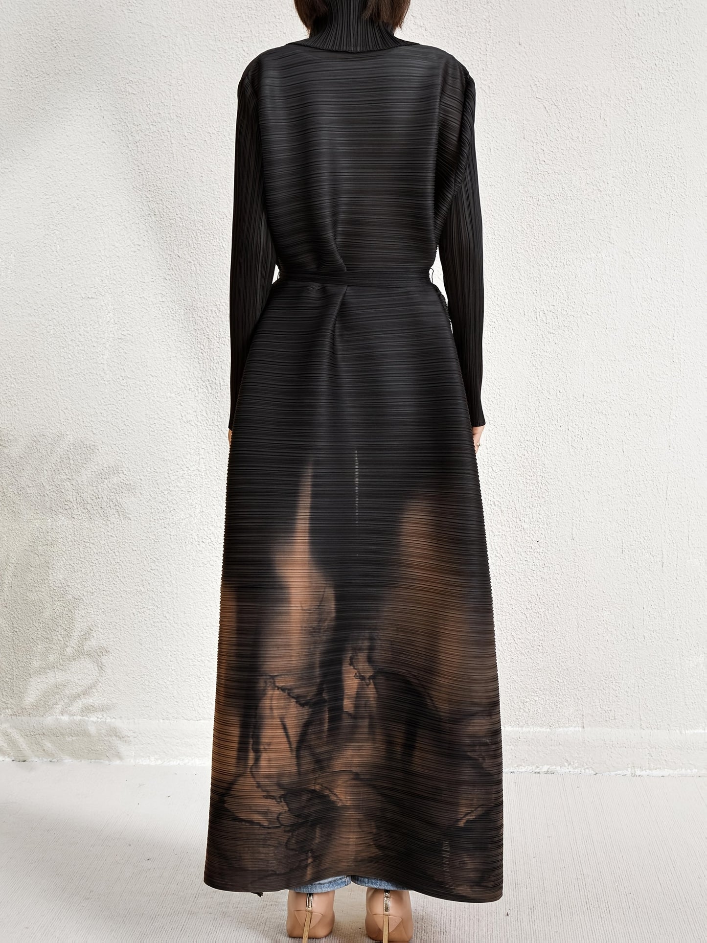 Women's Plus Size Geometric Print Long Sleeve Abaya Dress - Black & White Pleated Cardigan with Belt, Casual Loose-Fit Maxi Wrap for All Seasons