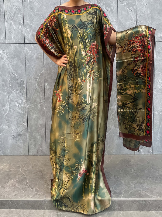 Elegant Plus Size Women's Batwing Sleeve Maxi Kaftan Abaya | All-Over Floral Print, Flowy Loose Fit, Breathable Lightweight Fabric, H-Line Silhouette for Beach, Summer