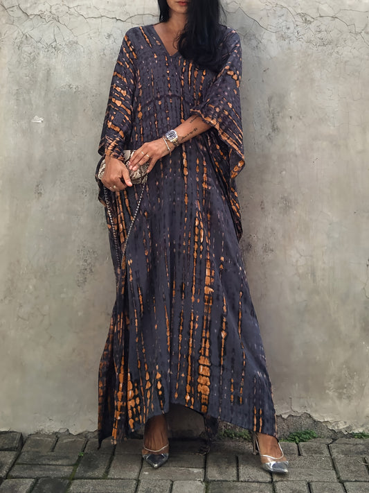 Plus Size Tie Dye Pattern Kaftan Abaya, Casual V Neck Batwing Sleeve Slit Dress, Women's Plus Size Clothing