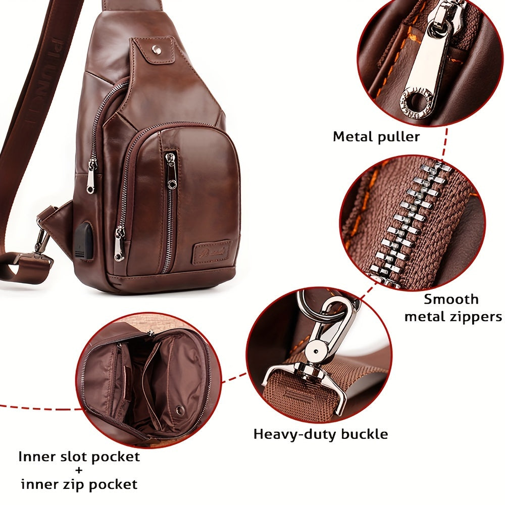 Outdoor Leisure Large Capacity Leather Men's Sling Bag Shoulder Crossbody Bag Chest Soft Leather Hanging Bag
