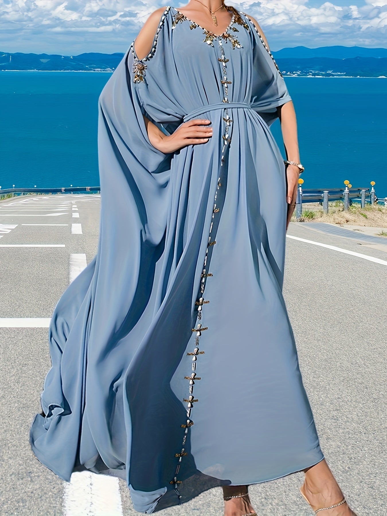 1pc Elegant Off-Shoulder Maxi Modern Abaya with Handcrafted Pearl Embellishments, Solid Color Polyester, All-Season Woven Gown with Large Flounce Sleeves