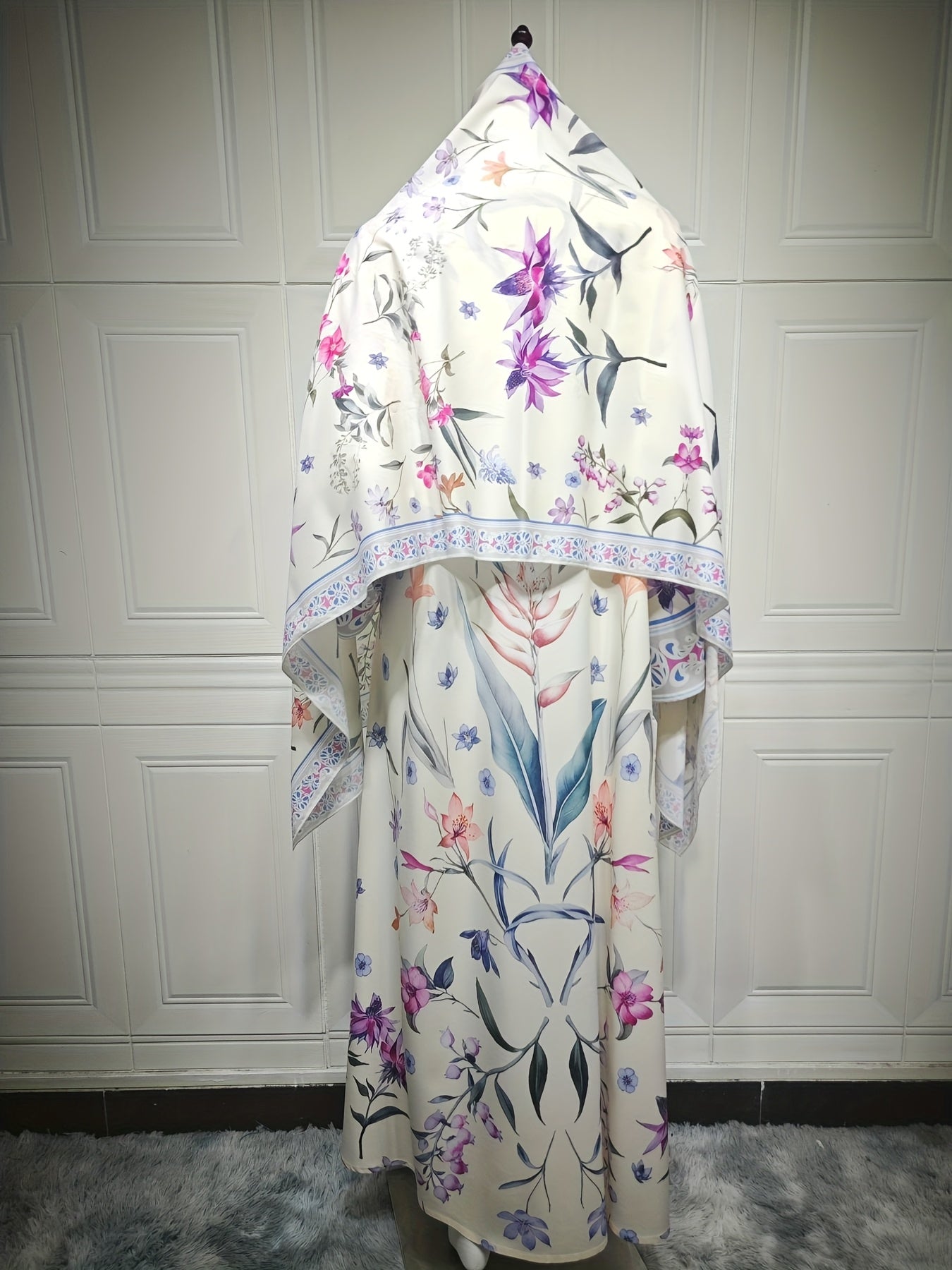 Floral Print V-Neck Abaya Robe with Long Sleeves - Lightweight Loose Fit Long Dress and Headscarf Set for Women, Spring/Summer Collection, Versatile Fashionable Long Robe, Headscarf 2pcs
