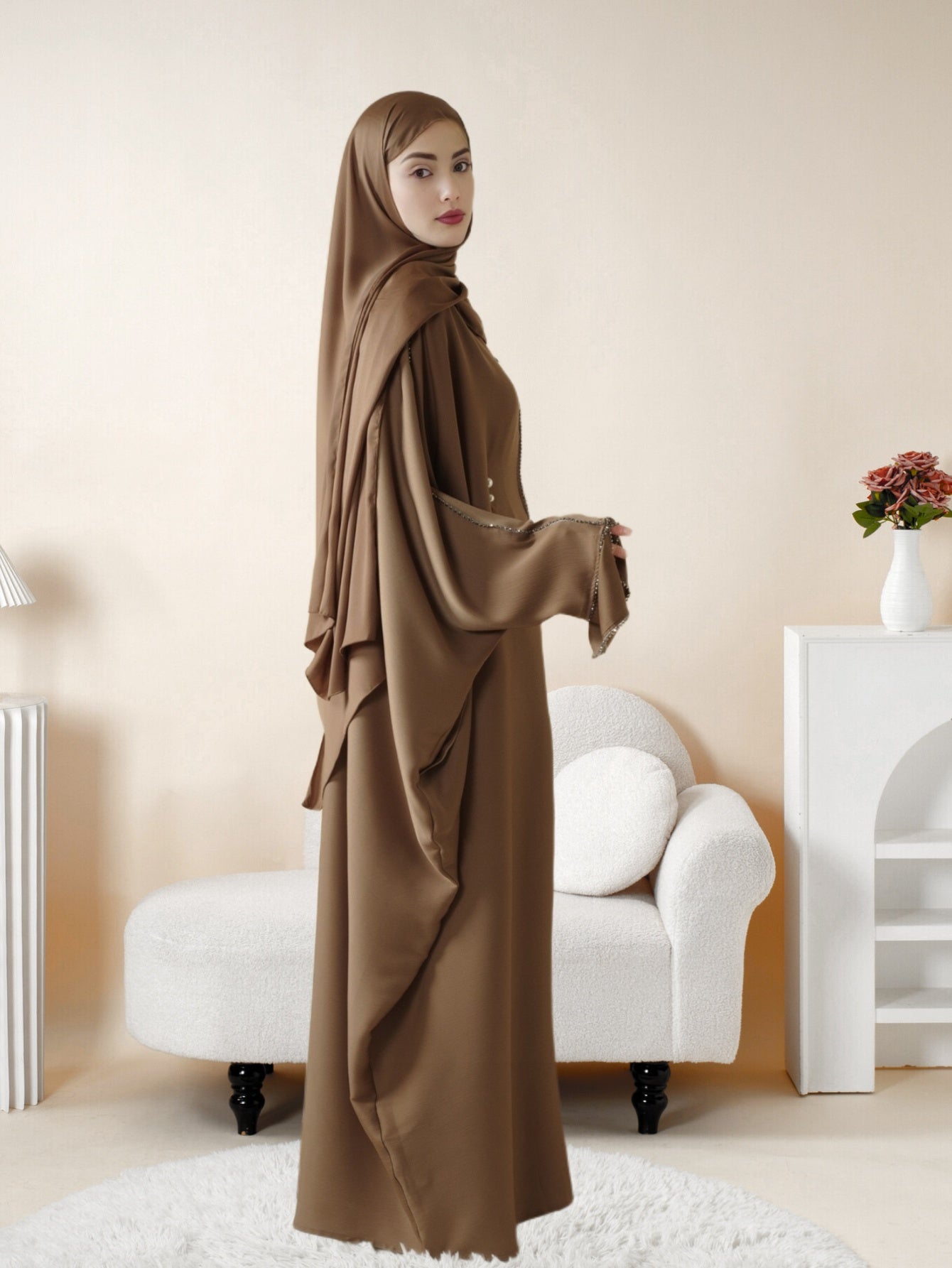 Batwing Emirati Abaya with Matching Hijab | Batwing Sleeve Abaya – Elegant Middle Eastern Arab, Islamic Style Shawl Robe Dress for Women, Long Skirt, Ramadan Prayer Outfit