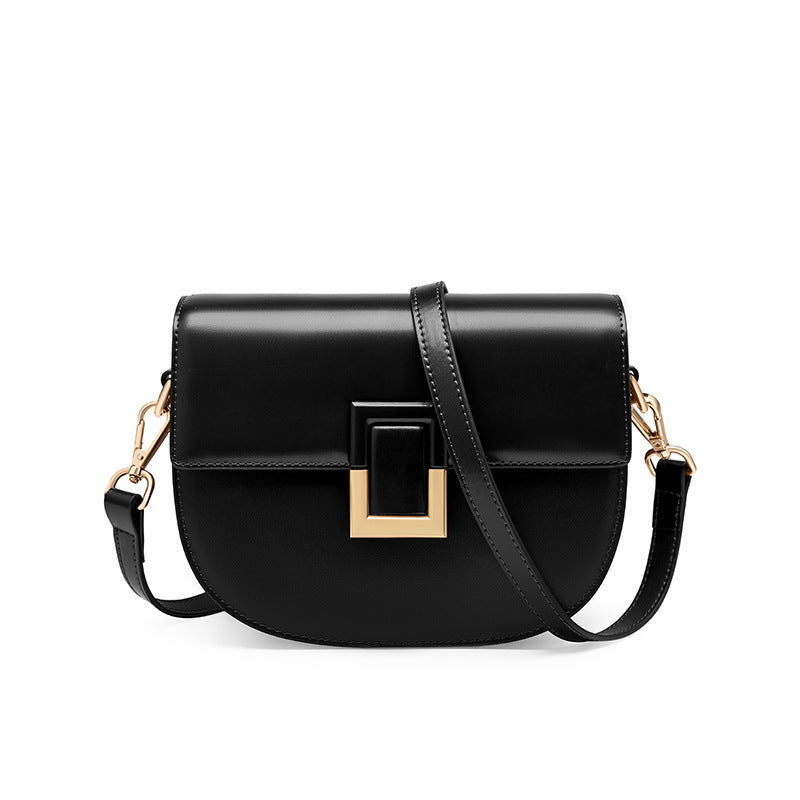 2025 New Style Women's Vintage Saddle Crossbody Bag - Genuine Leather Shoulder Bag with Golden-Tone Buckle Closure, Polyester Lining & Oil-Edged Trim