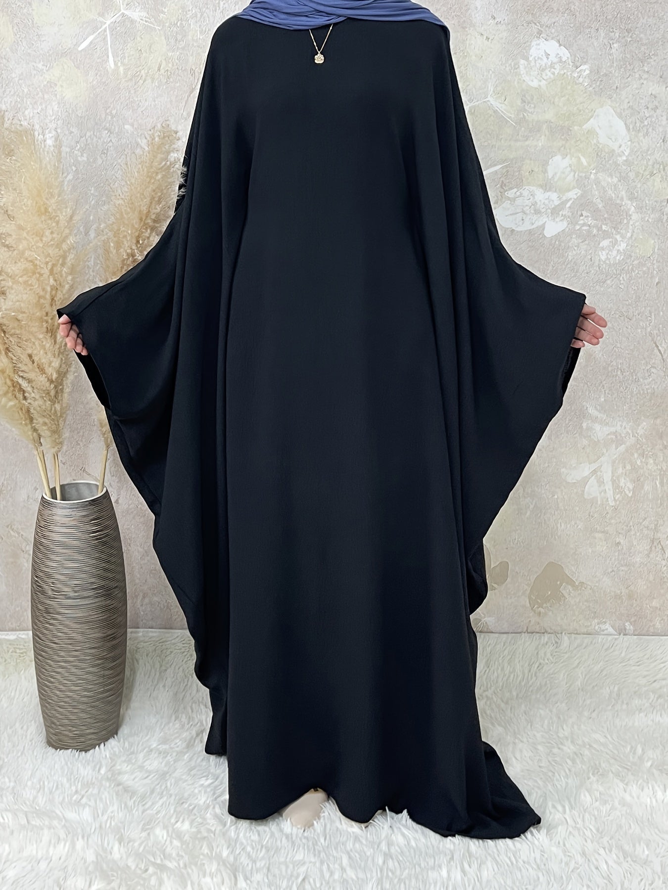 Women's Vintage Arabic Abaya Dress - Ramadan Modest Batwing Sleeve Long Dress with Waist Belt, Loose Fit Solid Black, Faux Pockets for All-Season Wear, Muslim Dress, Modest Apparel