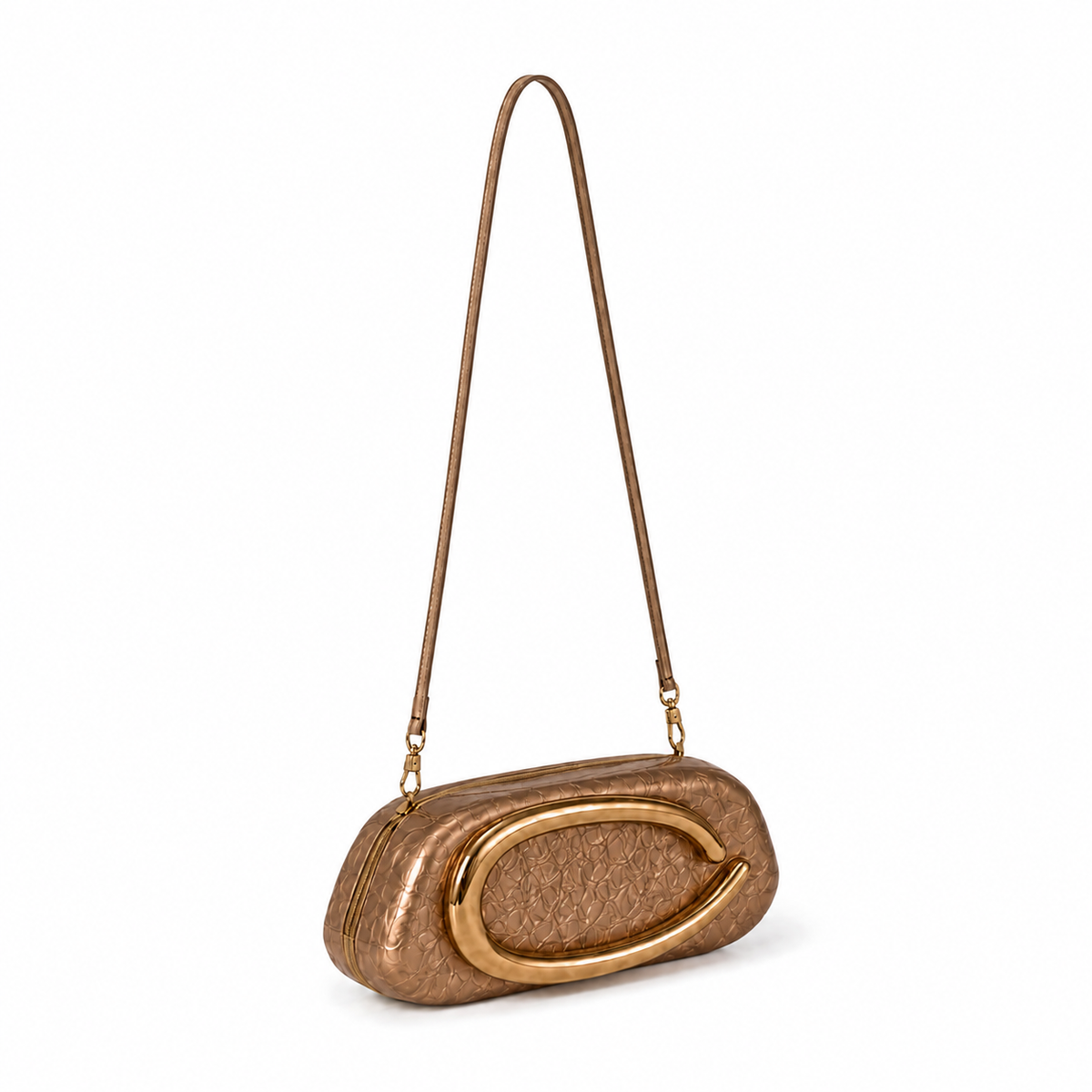 Elegant Bronze Sculptural Gold Chain Evening Clutch Bag