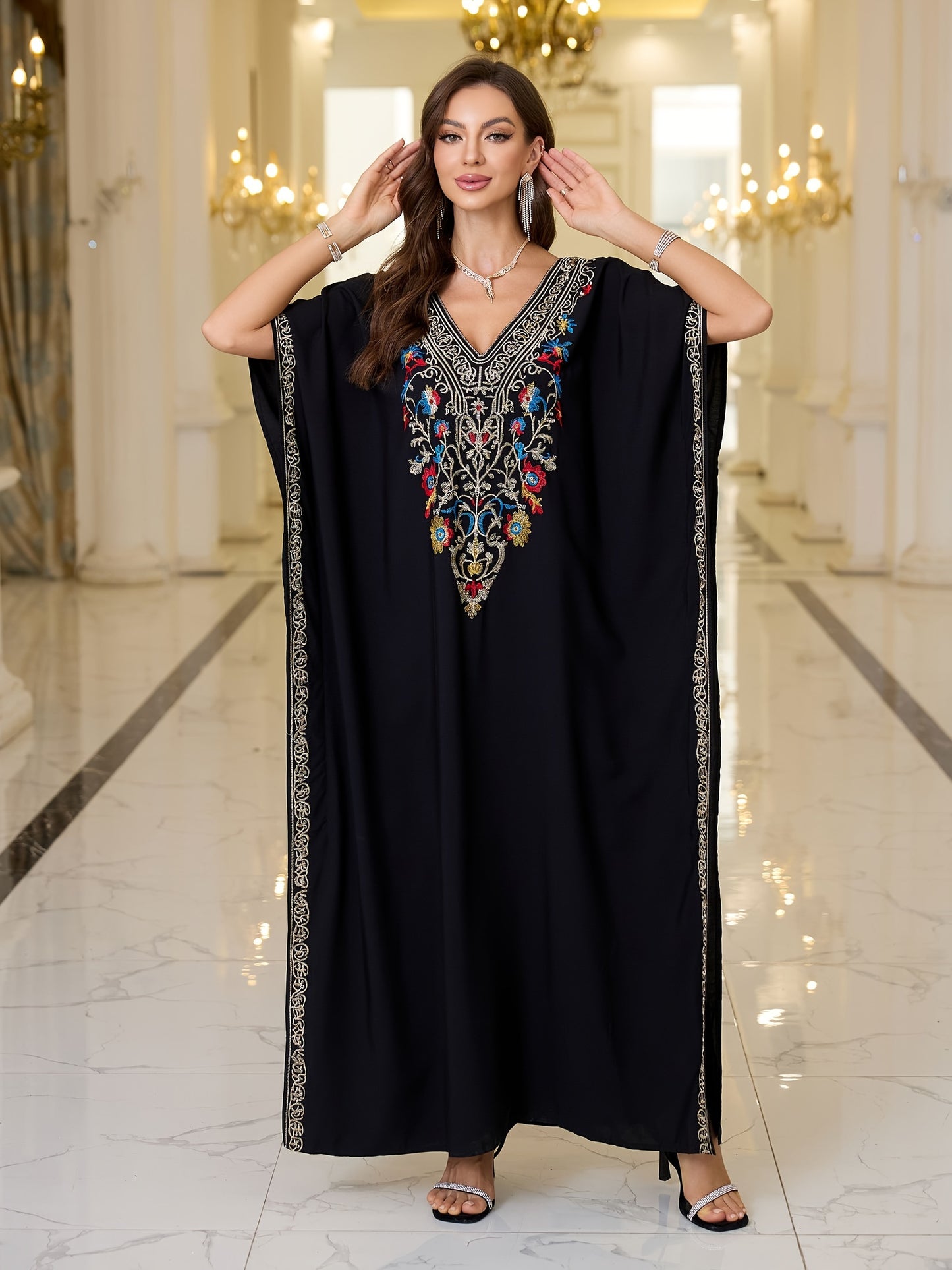 EDOLYNSA Ramadan Flowy Kaftan Gown with a V-Neck, Featuring Vibrant, Batwing Sleeves, Side Slits, And a Chic Design, Perfect for Large Sizes As a Resort Robe Or a Casual And Comfy Beach Cover-Up for Bikinis, Model Q1761.