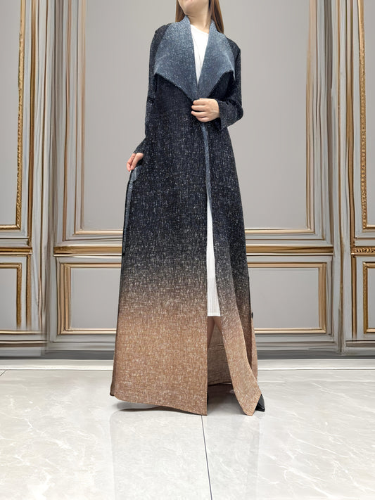 Elegant Black to Brown Ombre Modern Abaya Robe - High Elasticity Breathable Fabric, A-Line Pleated Design with Lapel & Button Details, Machine Washable for Business Banquets, Art Salons