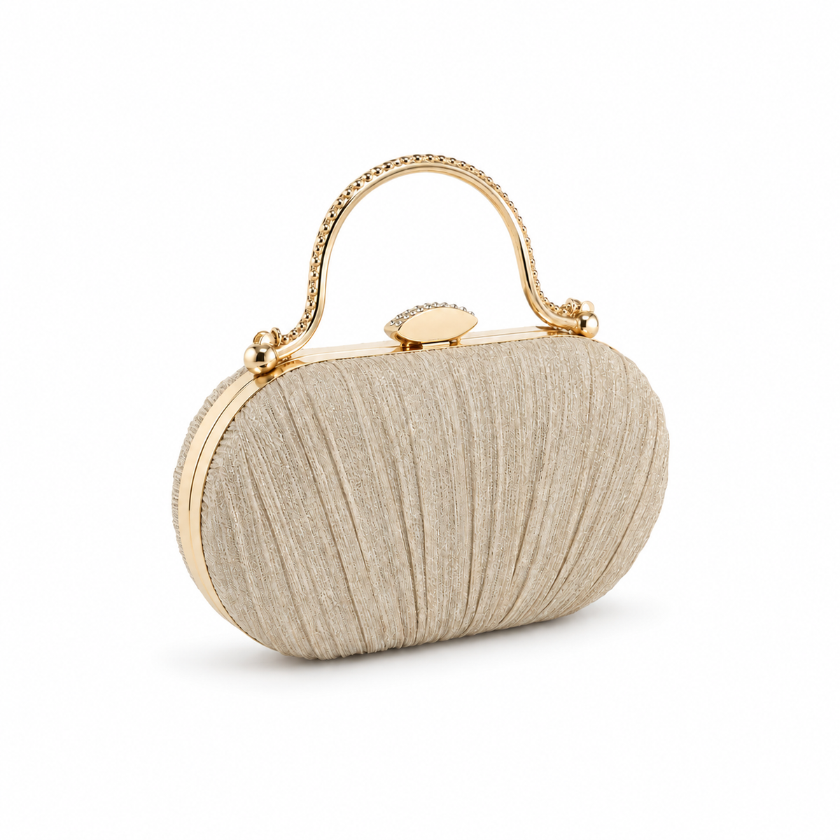 Champagne Gold Pleated Clutch with Crystal Handle