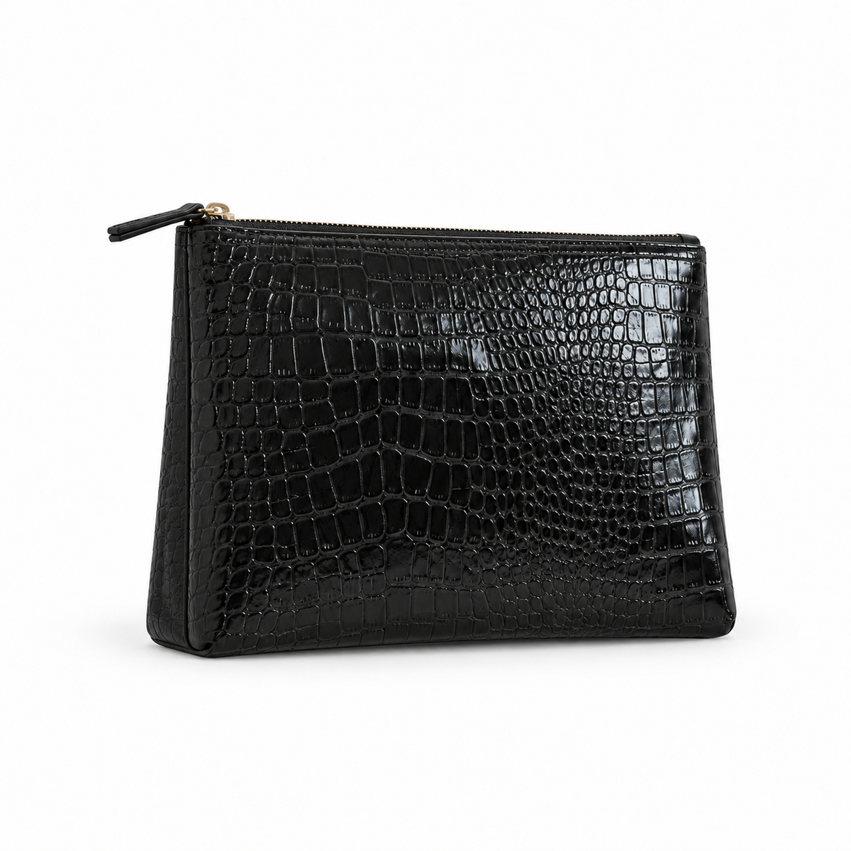 Black Crocodile-Embossed Zip Clutch Bag