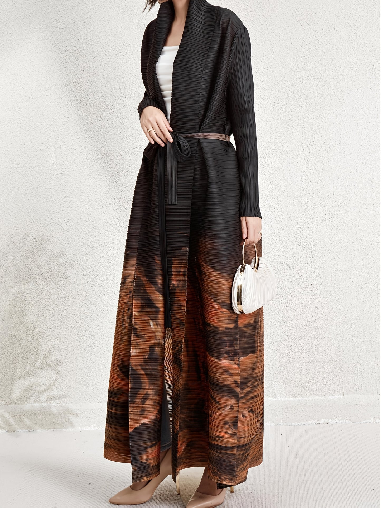 Women's Plus Size Geometric Print Long Sleeve Abaya Dress - Black & White Pleated Cardigan with Belt, Casual Loose-Fit Maxi Wrap for All Seasons