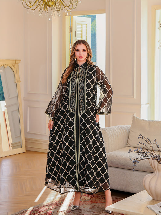 Elegant Black & White Geometric Sequin Embroidered Abaya - Long Sleeve Maxi Dress with Belt, Middle East Dubai Style Evening Gown for Women, Handmade Luxury Robe for Formal Occasions