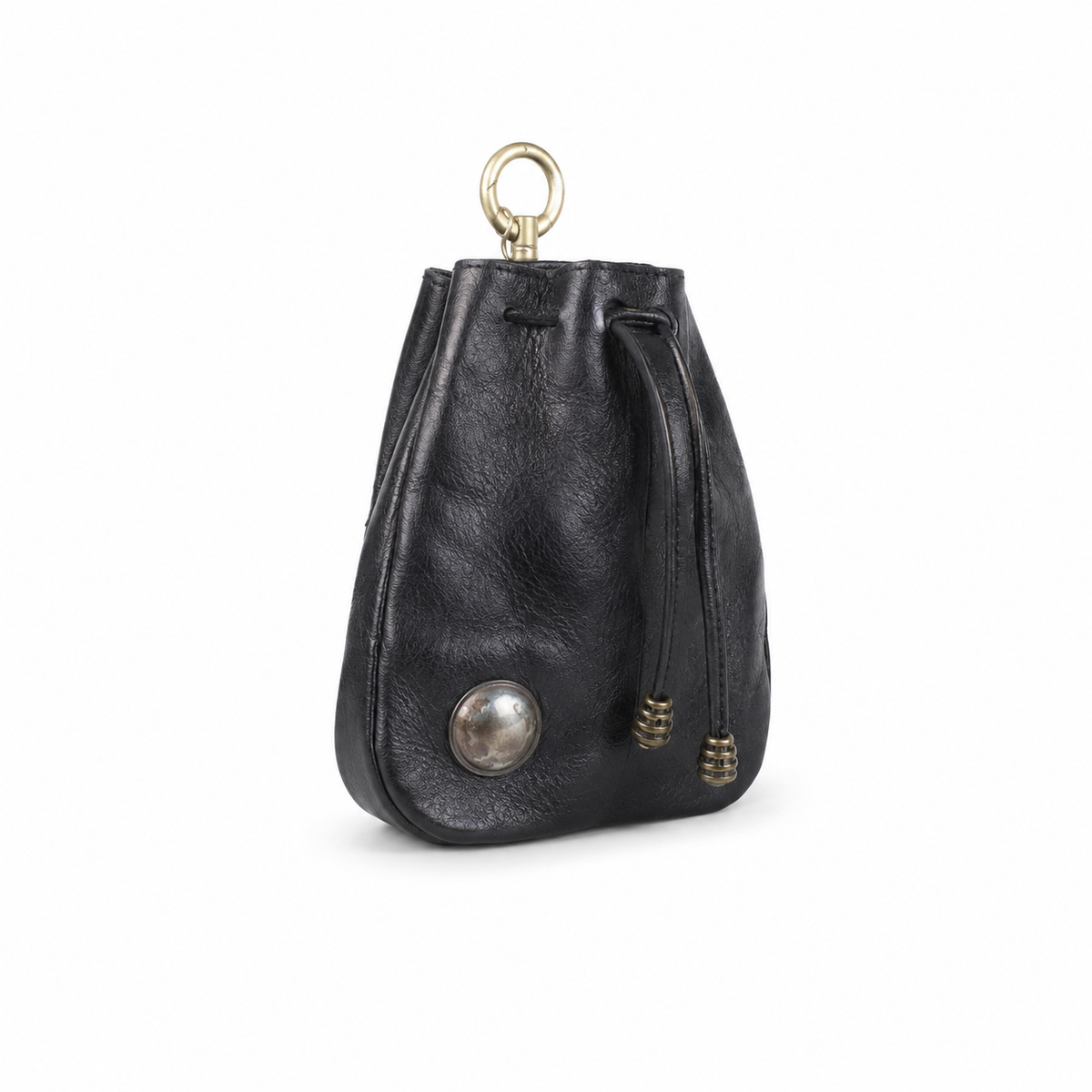 Black Vintage Leather Drawstring Pouch Bag