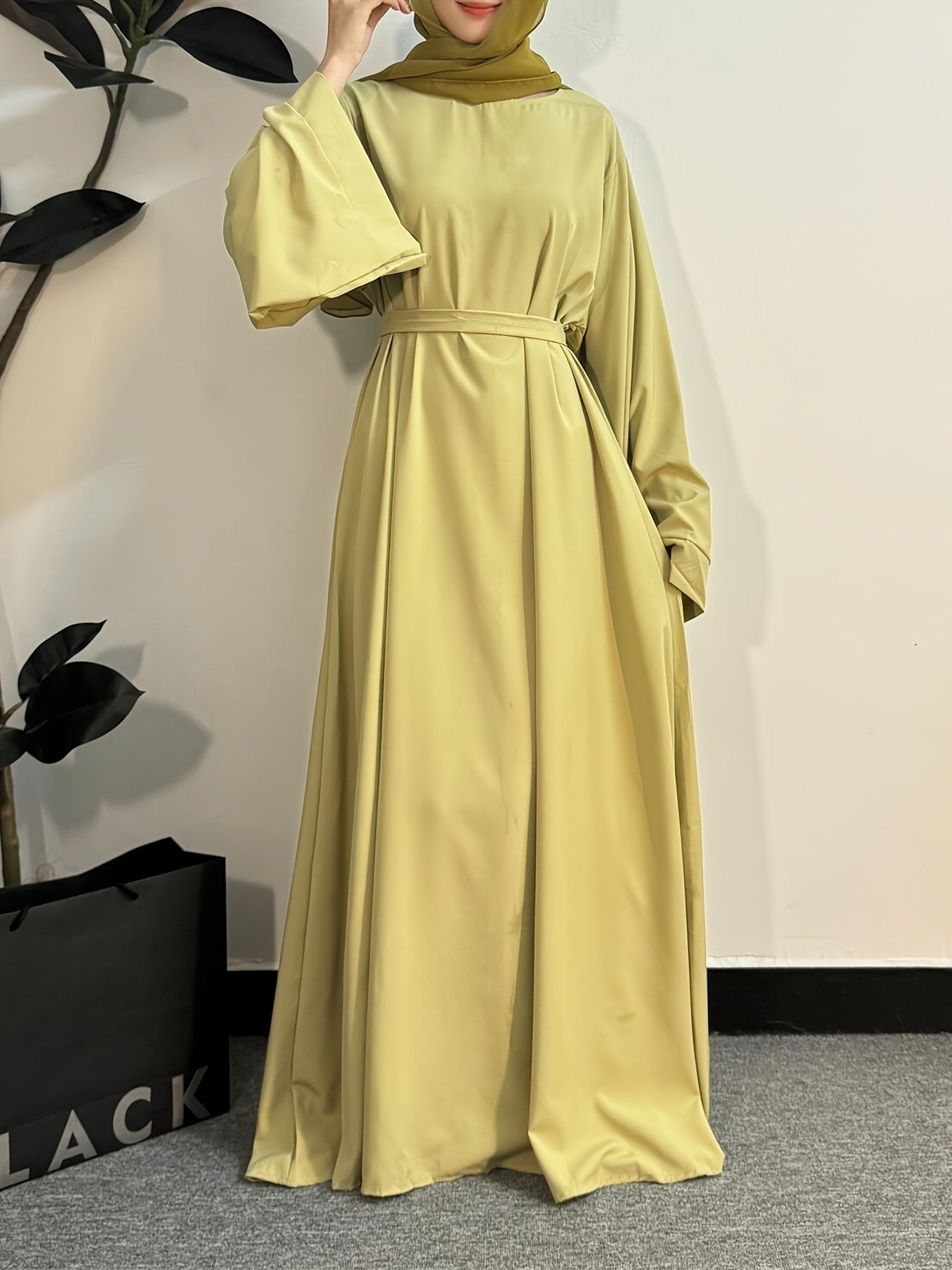Women's Long Polyester Palestinian Abaya Kaftan with Belt - 100% Polyester, Solid Color, Regular Long Sleeve, Loose Fit, H-Contour, Woven, Non-Stretch, All Seasons, Full-Length Islamic Prayer Dress
