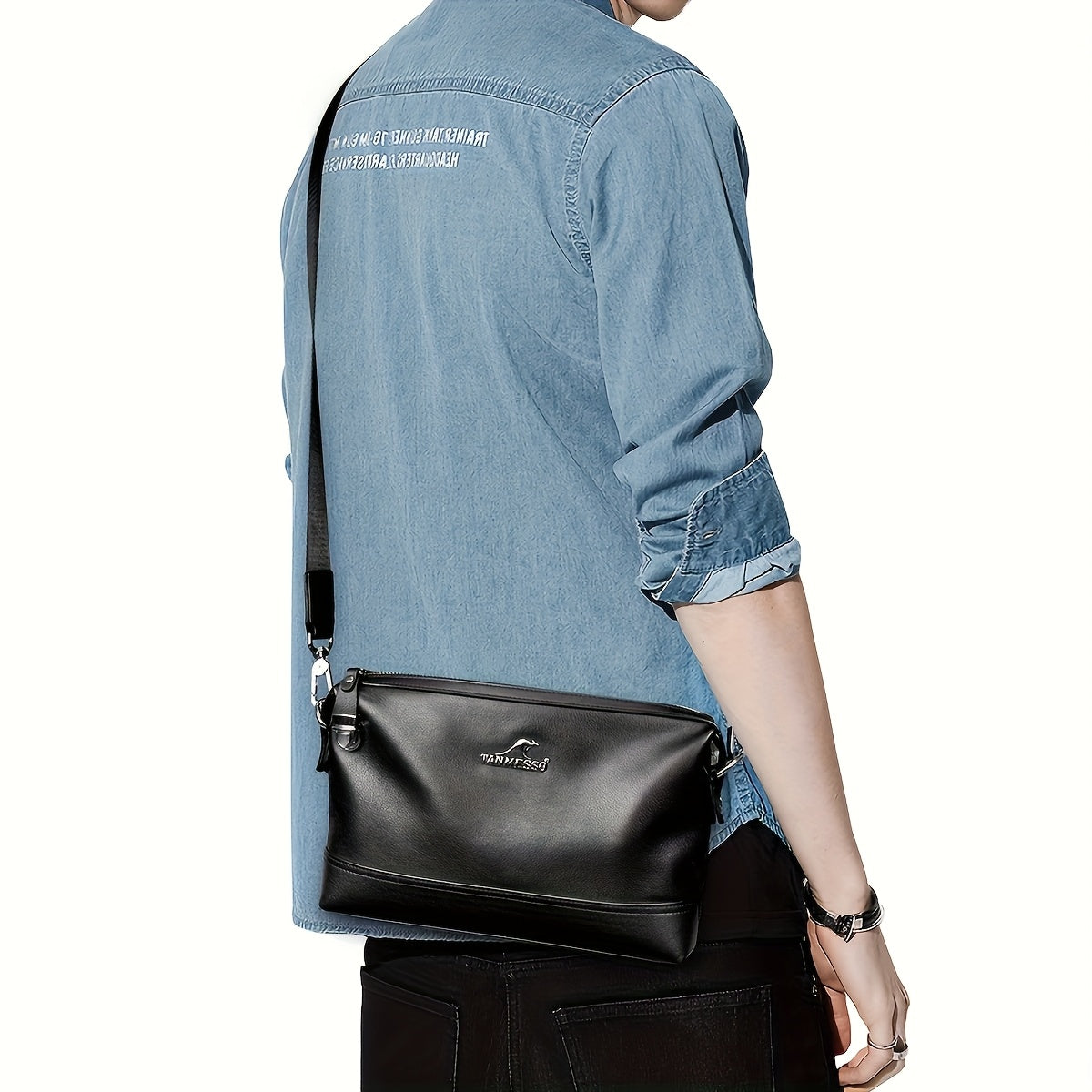 Genuine Leather Men's Crossbody Bag - Adjustable Shoulder Strap, Snap Closure, Soft Cowhide Vintage Style Black Casual Business Backpack for Everyday Use