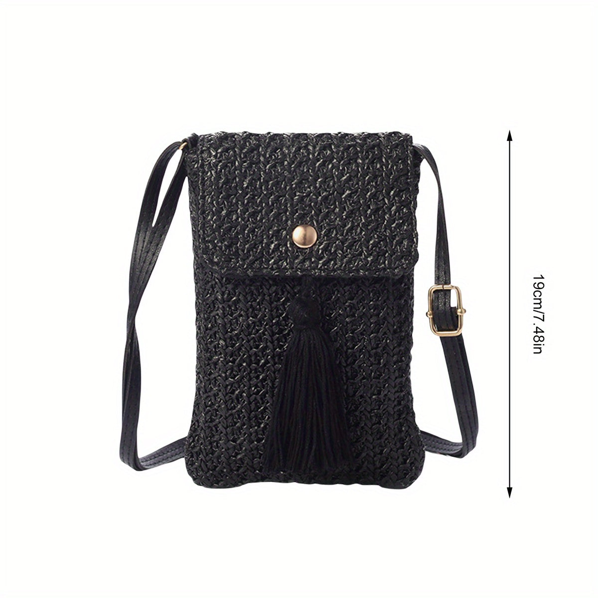 Women's Chic Beige Woven Crochet Crossbody Bag with Adjustable Strap, Tassel Detail & Magnetic Closure - Lightweight Fabric Phone Purse