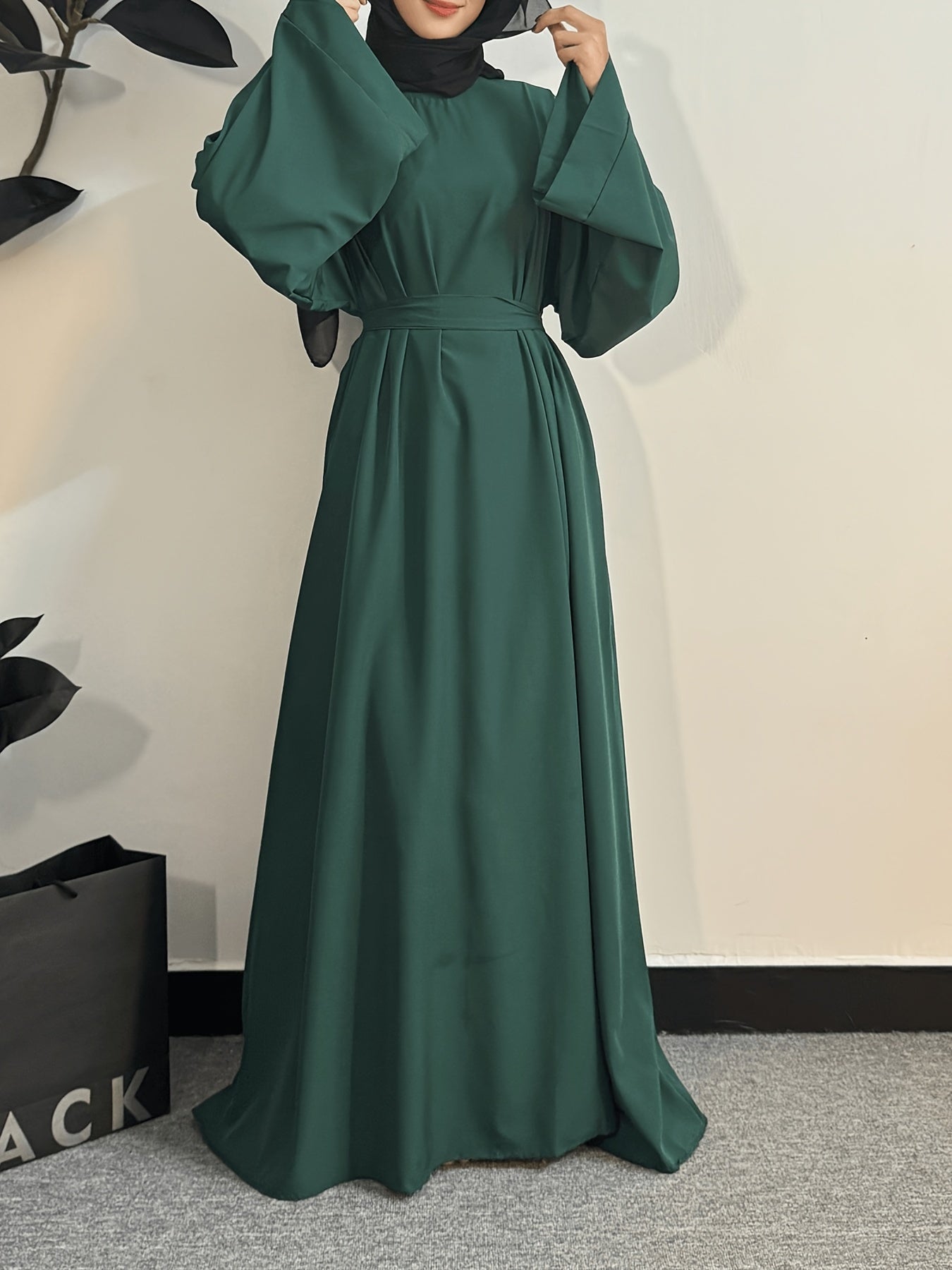 Women's Long Polyester Palestinian Abaya Kaftan with Belt - 100% Polyester, Solid Color, Regular Long Sleeve, Loose Fit, H-Contour, Woven, Non-Stretch, All Seasons, Full-Length Islamic Prayer Dress
