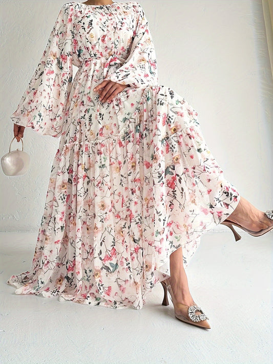 Elegant Long Sleeve Maxi Kaftan Abaya - Floral Print, Micro Elastic Polyester, Belted, Machine Washable, Middle Eastern Style, Random Printing - Perfect for All Seasons