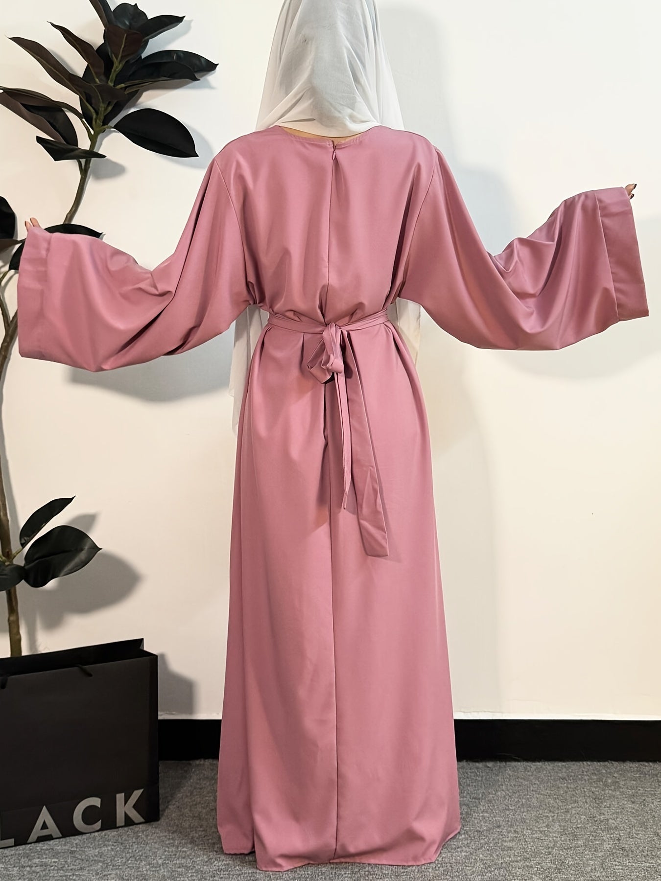 Women's Long Polyester Palestinian Abaya Kaftan with Belt - 100% Polyester, Solid Color, Regular Long Sleeve, Loose Fit, H-Contour, Woven, Non-Stretch, All Seasons, Full-Length Islamic Prayer Dress