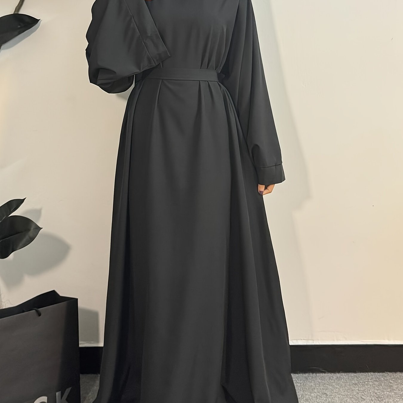 Women's Long Polyester Palestinian Abaya Kaftan with Belt - 100% Polyester, Solid Color, Regular Long Sleeve, Loose Fit, H-Contour, Woven, Non-Stretch, All Seasons, Full-Length Islamic Prayer Dress