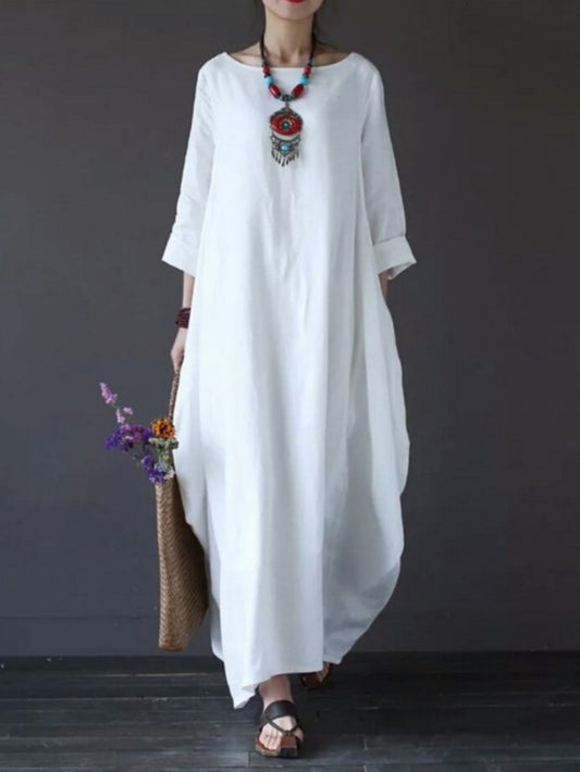 Women'S Elegant Long Dress Caftan Gown - Flowy A-Line Maxi Dress, Soft Everyday & Formal Outfit for Women, All-Season Casual to Formal Events, Versatile Clothing, Round Neckline, Comfortable Wear, Event Attire, Simple Design,
