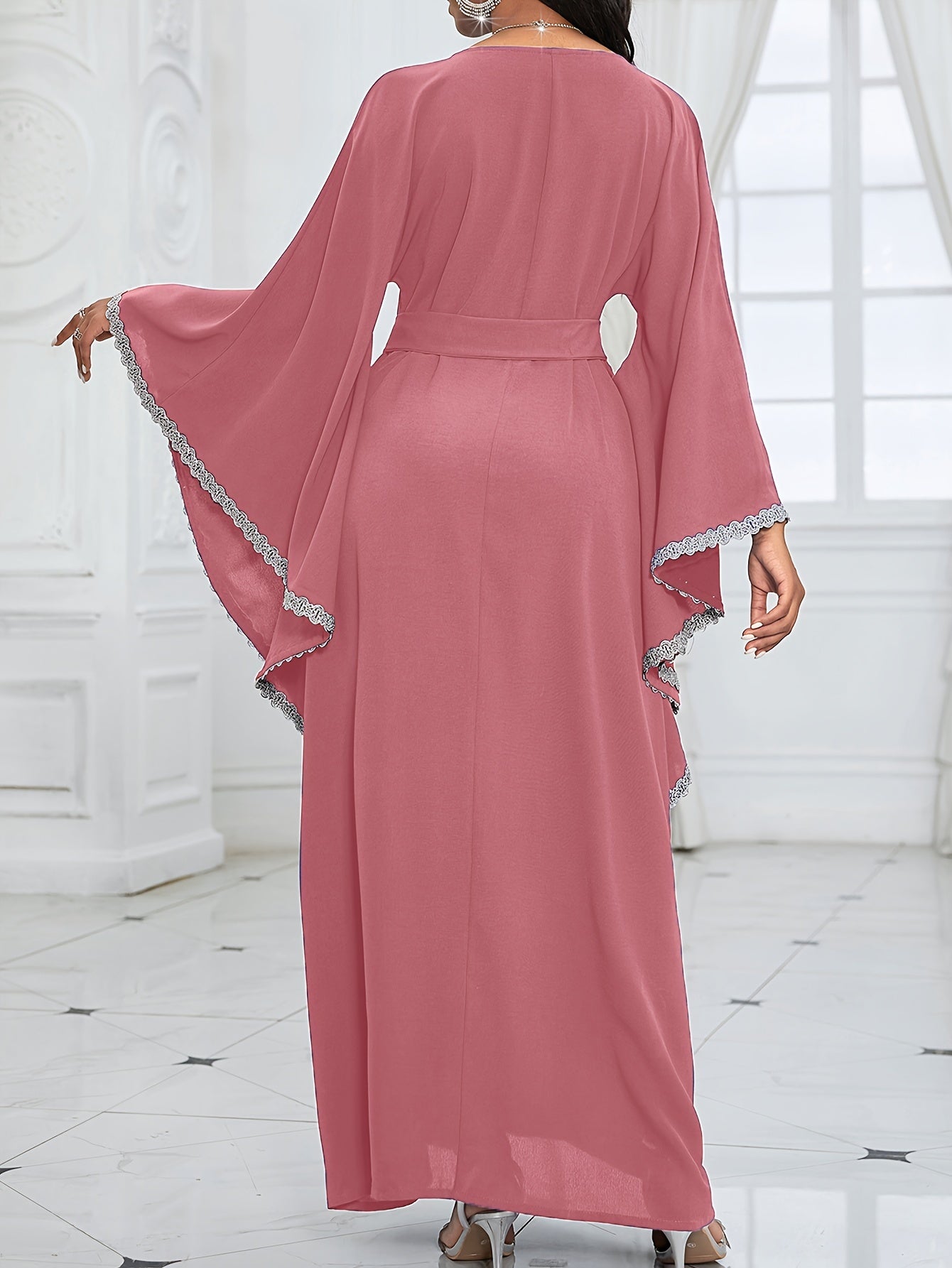 Women's Middle Eastern-Inspired Geometric Print Pakistani Abaya - Long Sleeve Belted Waist Floor-Length Dress with Pockets, Breathable Fabric for Spring/Summer