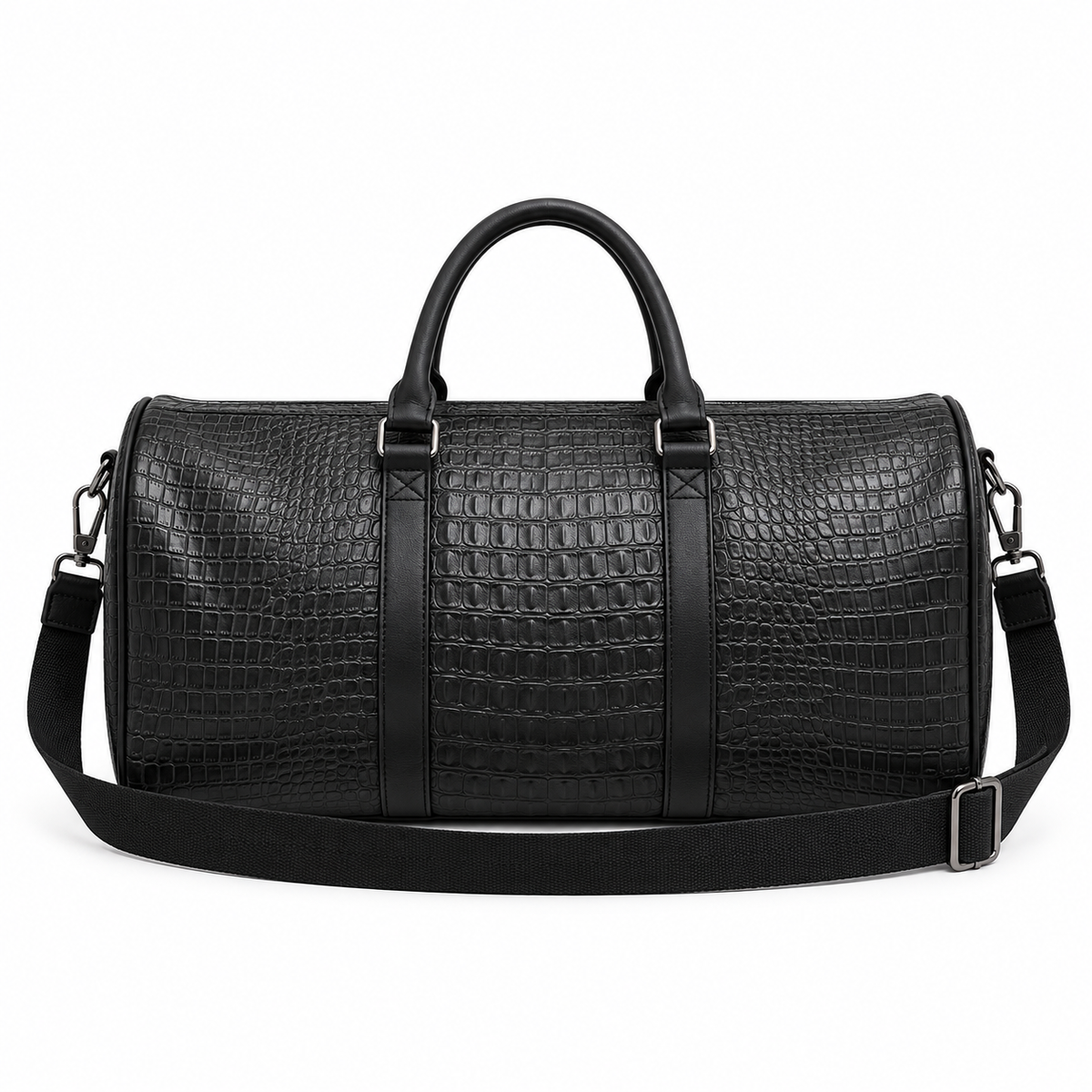 Black Crocodile Embossed Leather Duffel Bag