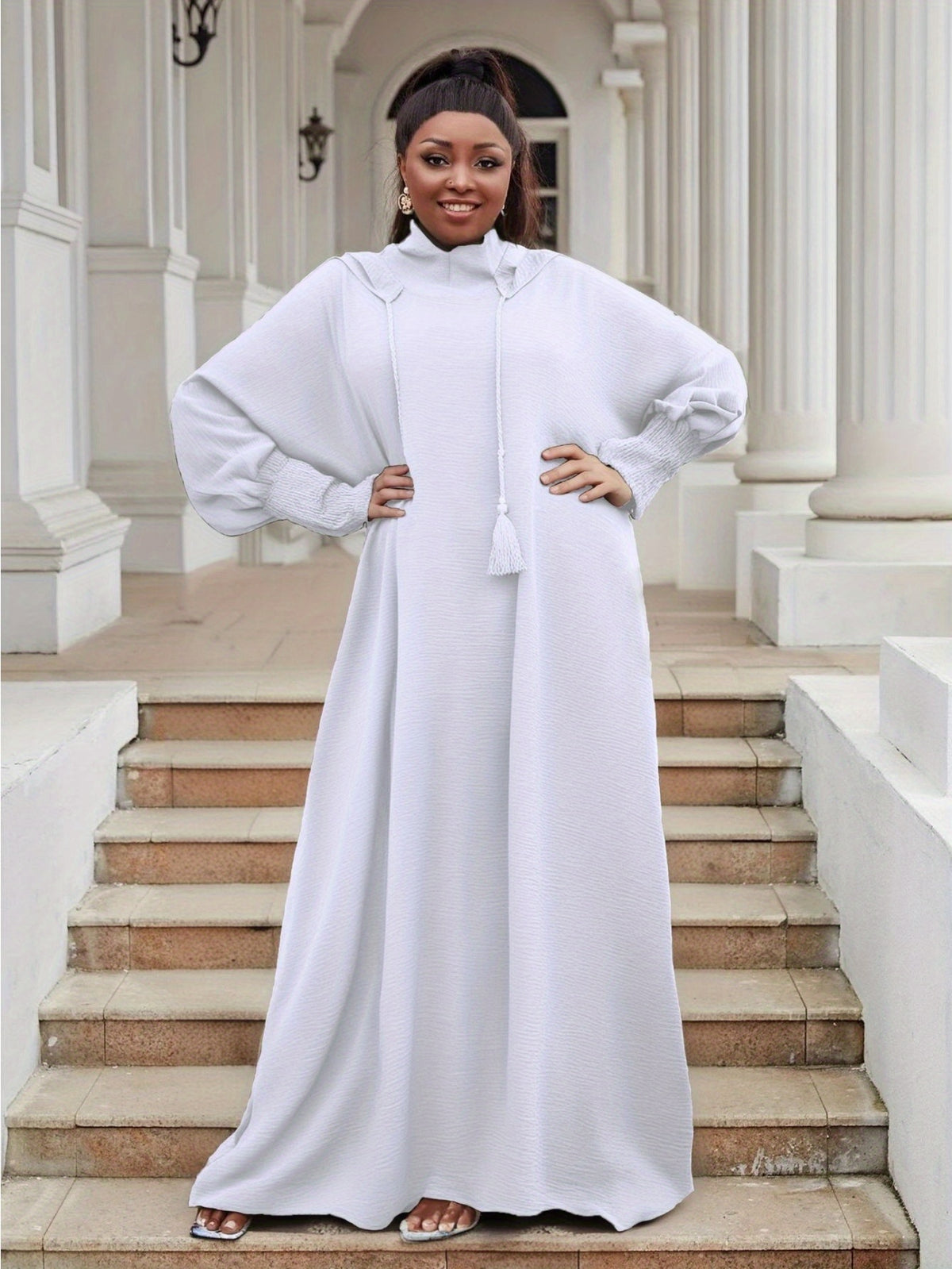 Plus Size Women's Hooded Long Sleeve Abaya - Oversized Loose Fit Solid Color Casual Elegant Gown, Machine Washable All-Season Comfort for Casual Attire, Leisure Outfit