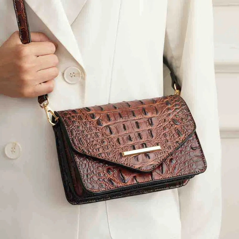 Saddle Croc-Embossed Leather Crossbody Shoulder Bag - Top-Grain Genuine Leather, Detachable Strap, Zipper Closure