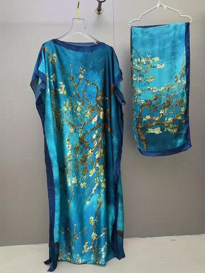 Tree Print Crew Neck Kaftan Abaya, Elegant Batwing Sleeve Loose Fit Maxi Dress With A Hijab, Women's Clothing