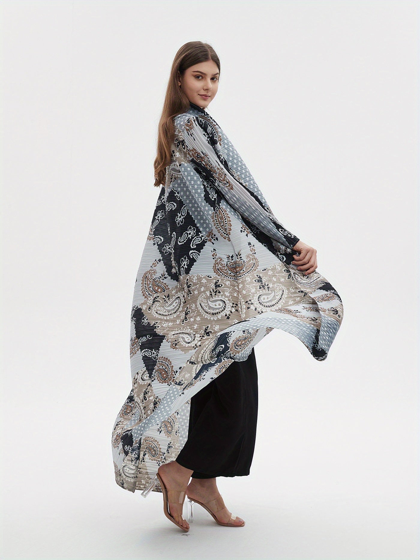 Elegant Abaya Kaftan Dress for Women - Spring/Summer Collection, Adjustable Tie-Waist, Geometric Print, High-Elasticity, Wrinkle-Resistant Blend, Perfect for Eid al-Fitr and All Season