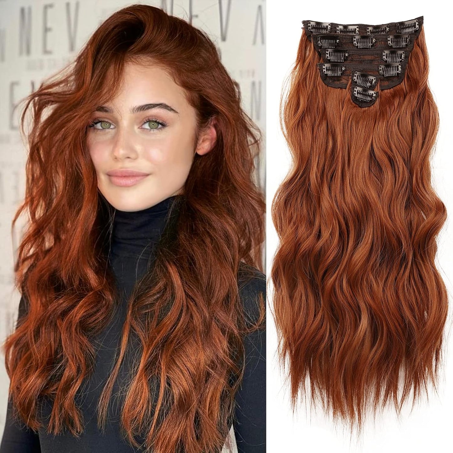Clip in Hair Extensions for Women 20 Inch Long Wavy Curly Ginger Orange Hairpieces Full Head Synthetic Hair Hairpieces