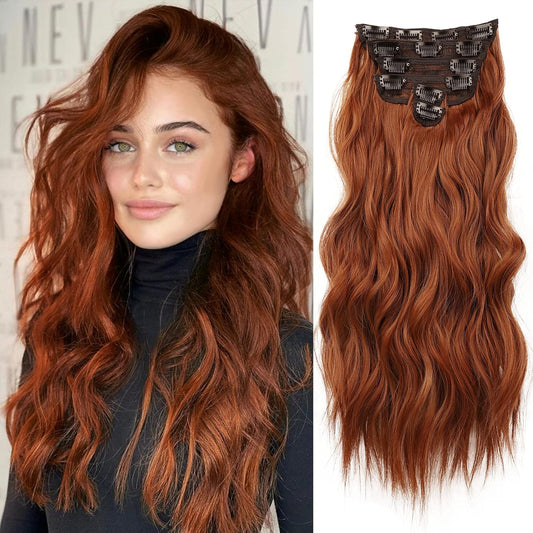 Clip in Hair Extensions for Women 20 Inch Long Wavy Curly Ginger Orange Hairpieces Full Head Synthetic Hair Hairpieces