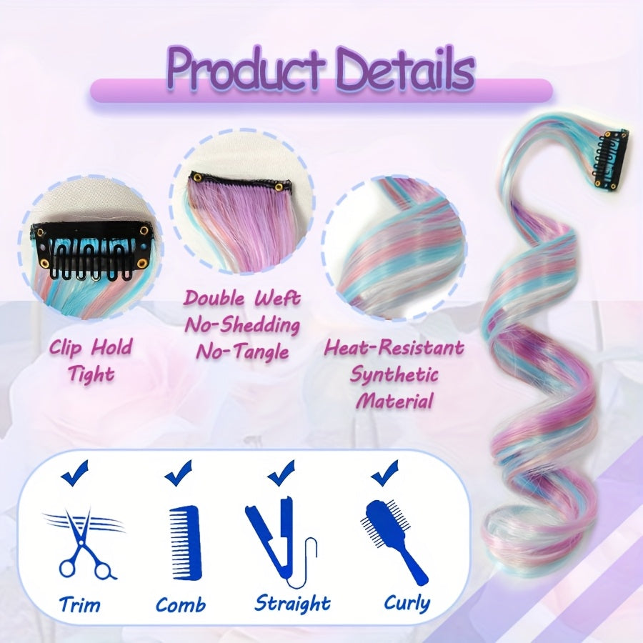 12pcs Rainbow Clip-In Hair Extensions - Vibrant Pastel Colors (Pink, Green, Yellow, Purple, Orange, Red, Brown, ) - Heat-Resistant Synthetic, Easy Application & Damage-Free Styling - Perfect for Parties, Photo Shoots, Festiva