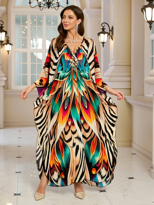 Plus Size Bohemian Beach Cover Up - for Lotus & Zebra Print V-Neck Long Sleeve Kaftan Dress with Slit Hem, Lightweight Machine-Washable Swimwear Cover for Women, Summer Poolside & Resort Wear, Beach Dress, Wear