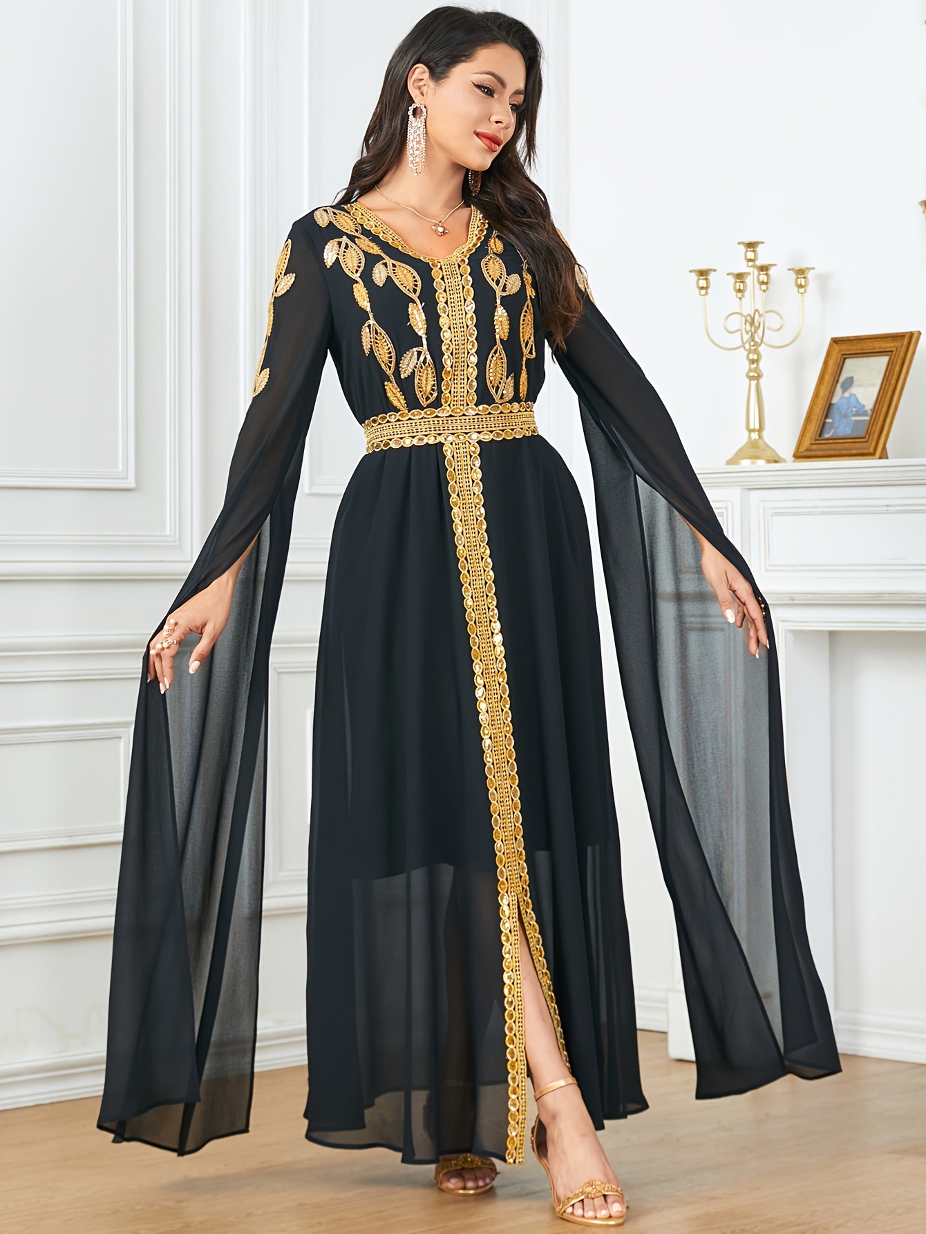 Embroidered V-Neck Abaya Dress, Elegant Cape Sleeve Maxi Dress, Women's Clothing