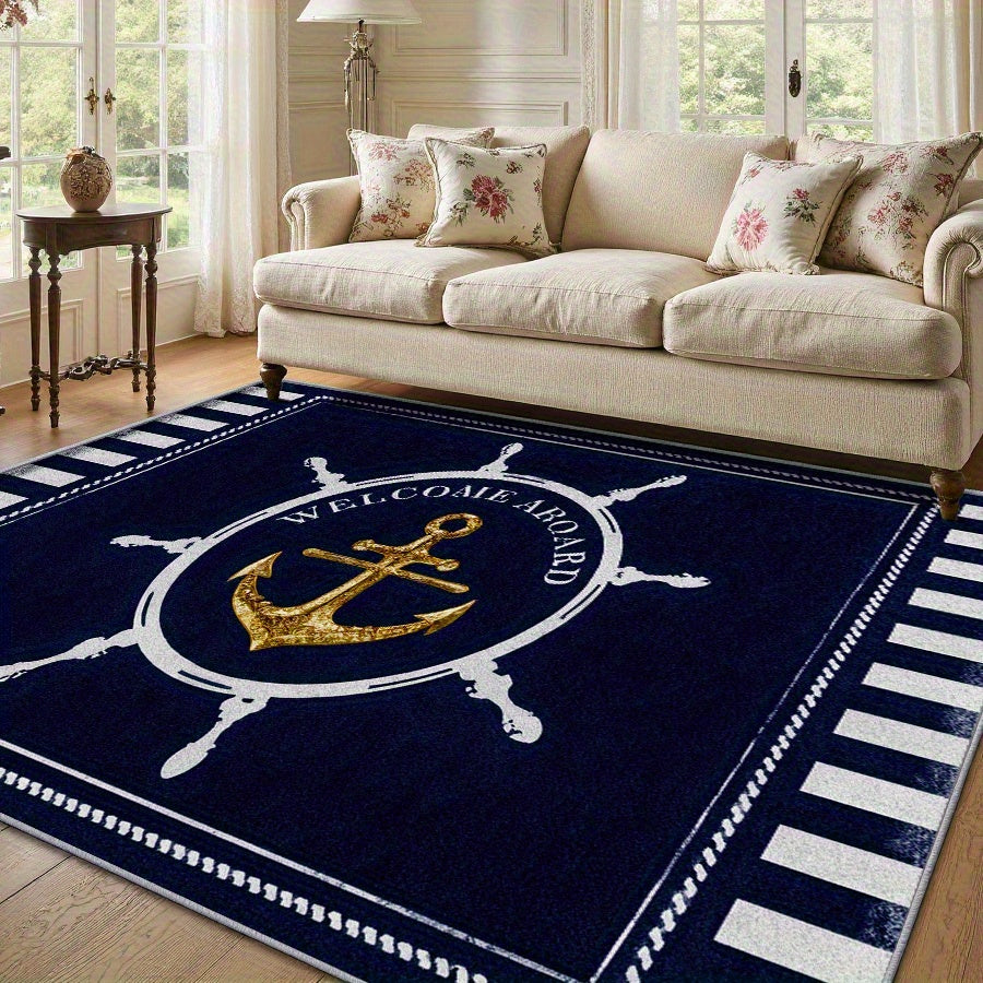 Floor Mat, Machine Washable Nautical Style Fade-Resistant Soft Dark Blue with Golden Anchor Pattern, Suitable for Living Room Bedroom Office Home Decoration, Large Size.Inch Thanksgiving Gift Autumn