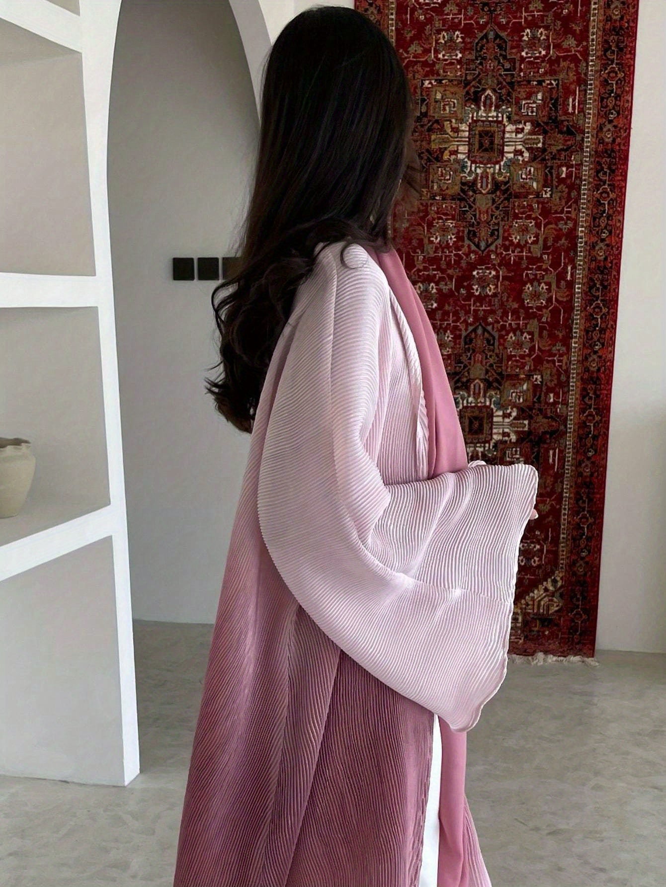 Plus Size - 1pc Plus Size Women's Elegant Abaya - Long Sleeve, Ruffle Bell Sleeves, Loose Fit Floor-Length Kaftan Dress, Non-Stretch Fabric, All-Season Wear, Casual Weekend Outfit