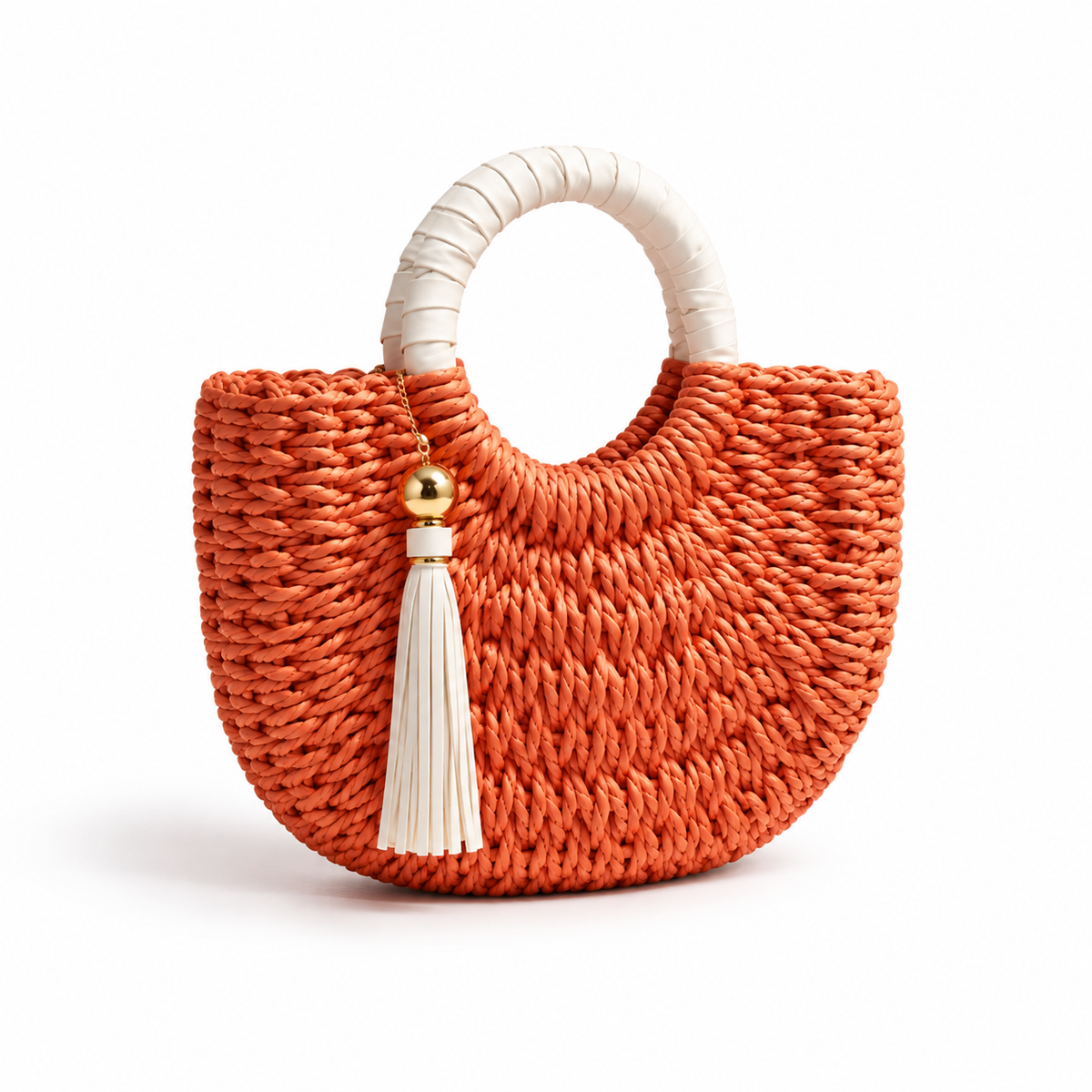 Coral Woven Raffia Tassel Handle Handbag