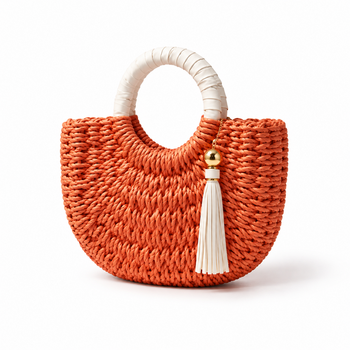 Coral Woven Raffia Tassel Handle Handbag