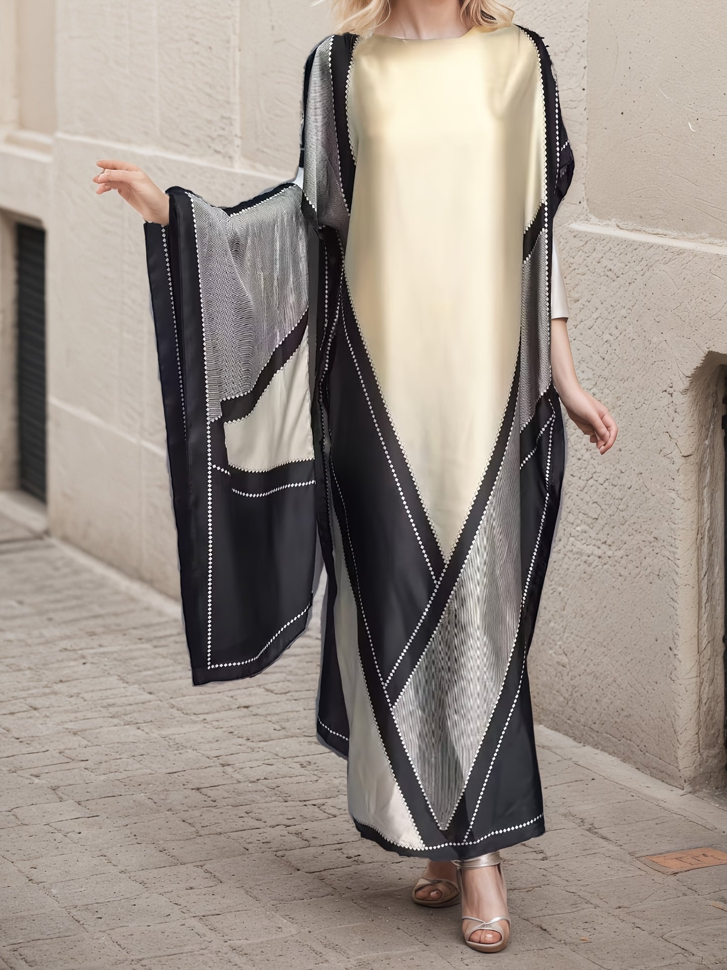 Women's Plus Size Middle Eastern Traditional Dress with Batwing Sleeves - Black & Beige Geometric Pattern, Loose Fit H-Line Silhouette, Machine Washable Long Maxi Abaya for Casual & Formal Occasions