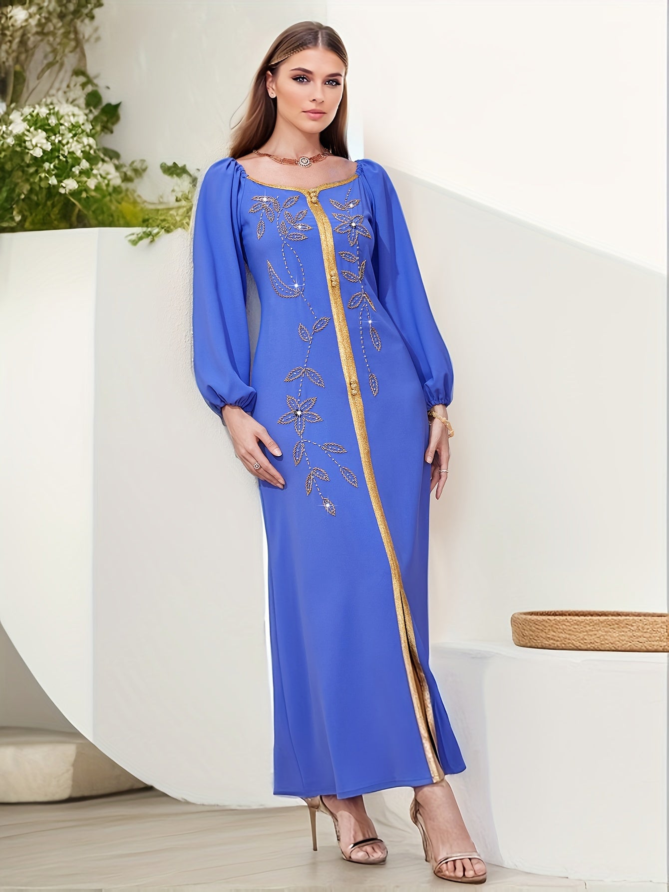 Elegant Long Sleeve Polyester Dress with Lantern Sleeves, Solid Color, Tie Back, and Belted Waist Palestinian Abaya