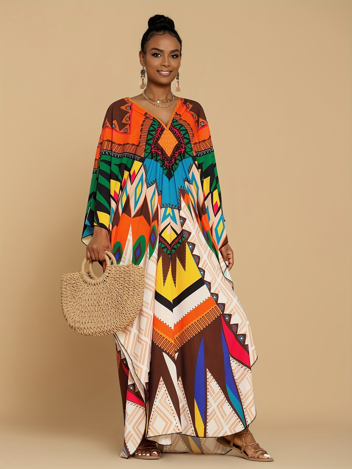 Vibrant Bohemian Kaftan Dress - Four-Sided Elastic V-Neck, Bat Sleeves, Beach Cover-Up