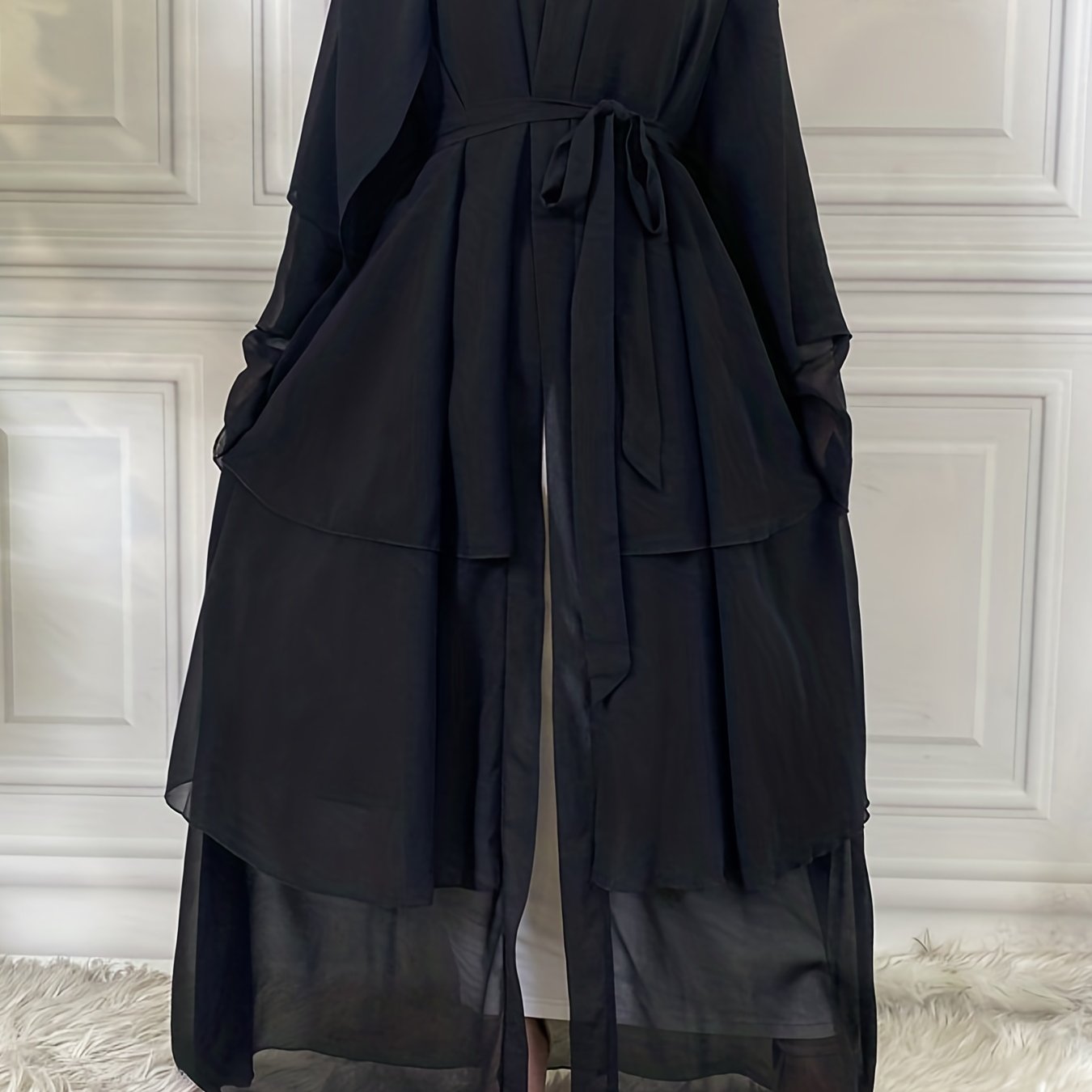Ramadan Layered Open Front Modest Pakistani Abaya, Long Sleeve Muslim Dress With Belted, Without Hijab, Women's Clothing