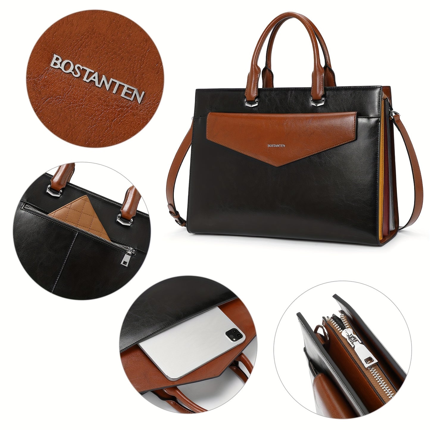 Women's Professional Leather Briefcase Tote Bag for 15.6 Inch Laptop - Work Handbag with Adjustable Shoulder Strap, Button Closure & Contrast Stitching