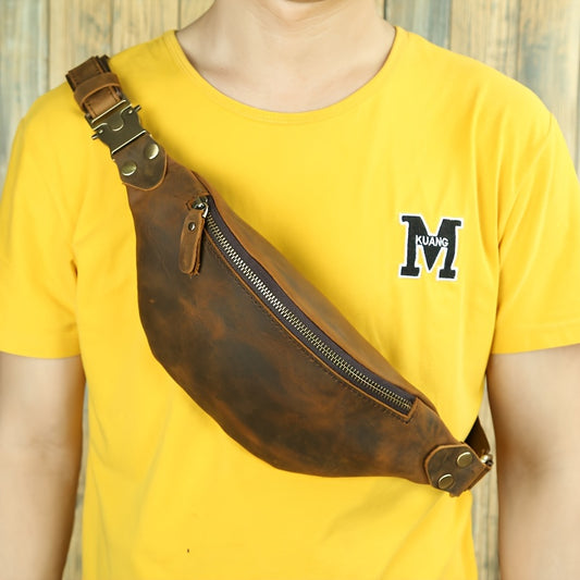 Men's Genuine Leather Crossbody Chest Bag - Vintage Crazy Horse Style, Top Layer Cowhide, Brown with Zipper Closure & Adjustable Strap
