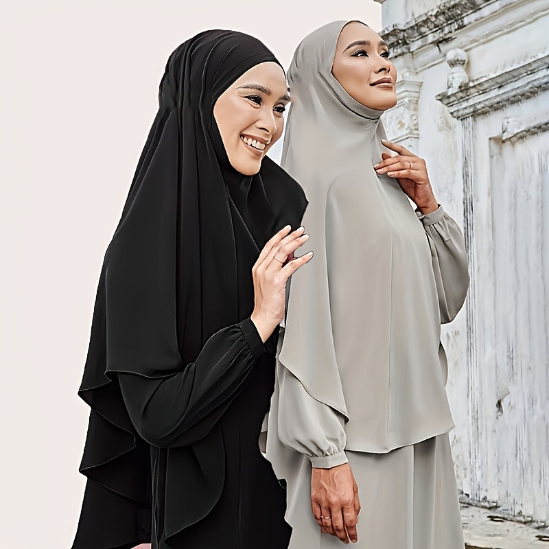2pcs/set Breathable Polyester Women's Convenient Wearable Instant Muslim Hijab Khimar Abaya | Adjustable Drawstring, Turban Hat Style for Easy Prayer & Worship, Hand Wash or Dry Clean, Beige